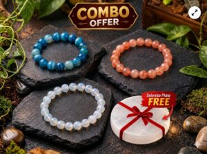 BLUE STRIPED AGATE +SUNSTONE BRACELET +WHITE QUARTZ BRACELET
