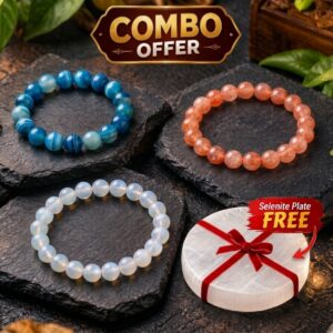 BLUE STRIPED AGATE +SUNSTONE BRACELET +WHITE QUARTZ BRACELET